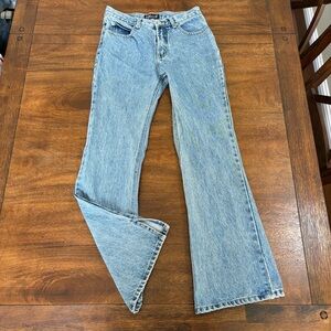 90's SQZ Blue Denim Flare Side Slit JEANS 16 (28”W) Trim Embellishments JUNIORS